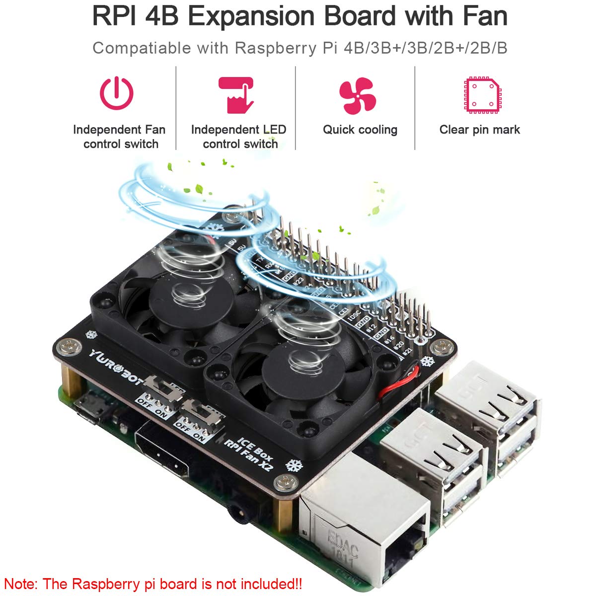 MakerFocus Raspberry Pi 4B Dual Cooling Fans, Raspberry Pi 4B Heatsink Kit, Raspberry Pi 4B GPIO Expansion Board DC 5V 0.2A with LED Compatible with Raspberry Pi 4B / 3B+ / 3B / 3A+