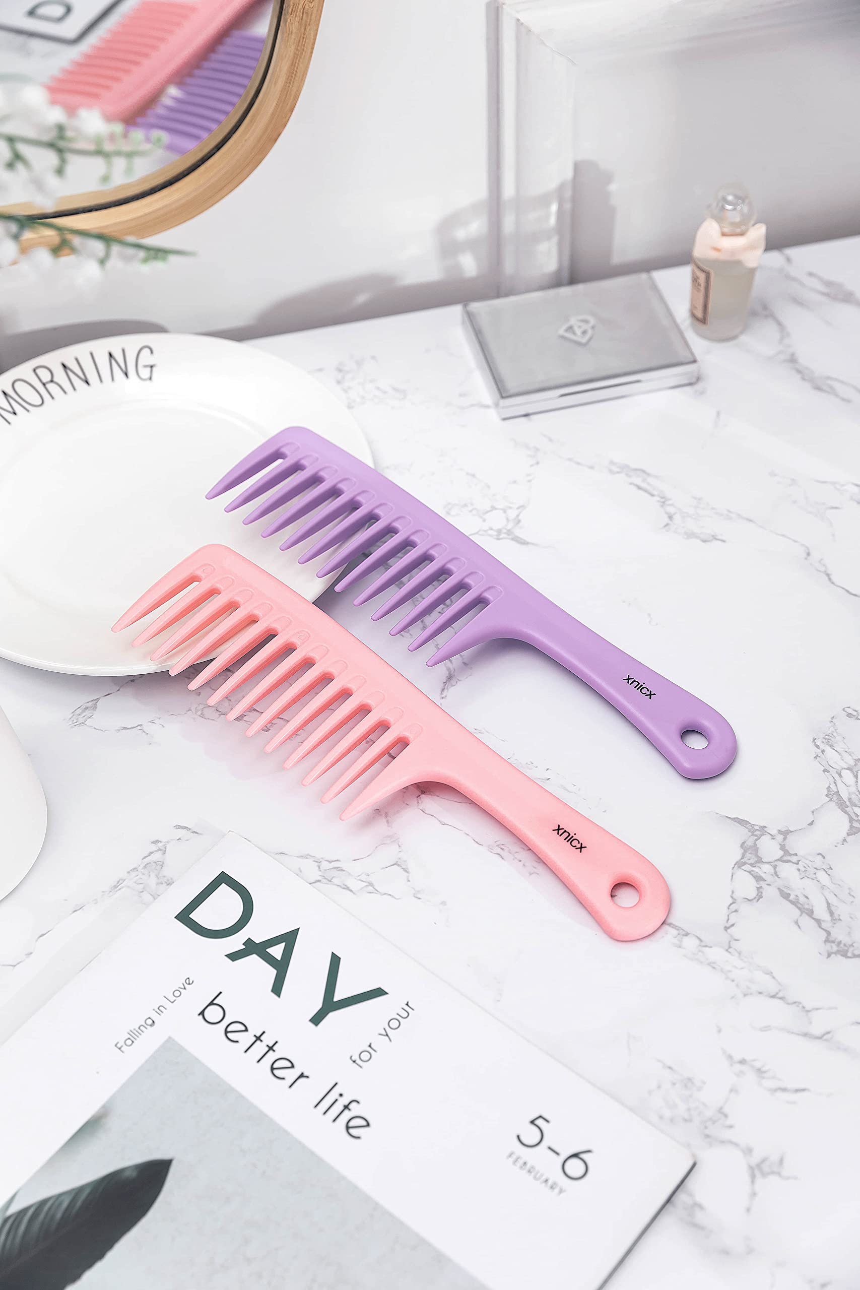 xnicx 3pcs Wide Tooth Comb Set,Detangling Hair Comb for Curly,Wet,Thick Hair,Hair Brush Shower Comb Detangler Hair Wide Comb with Care Handgrip Comb Styling Comb for Women,Men Macaron Purple