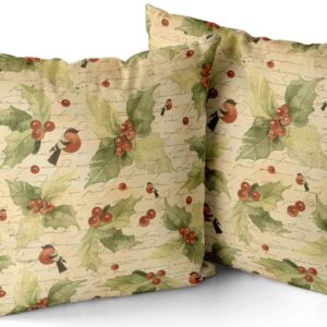 LEKAIHUAI Home Decoration Throw Pillow Covers Christmas Watercolor Holly Berries and Bullfinch Pillowcases Square Two Sides Print 22x22 Inches Set of 2