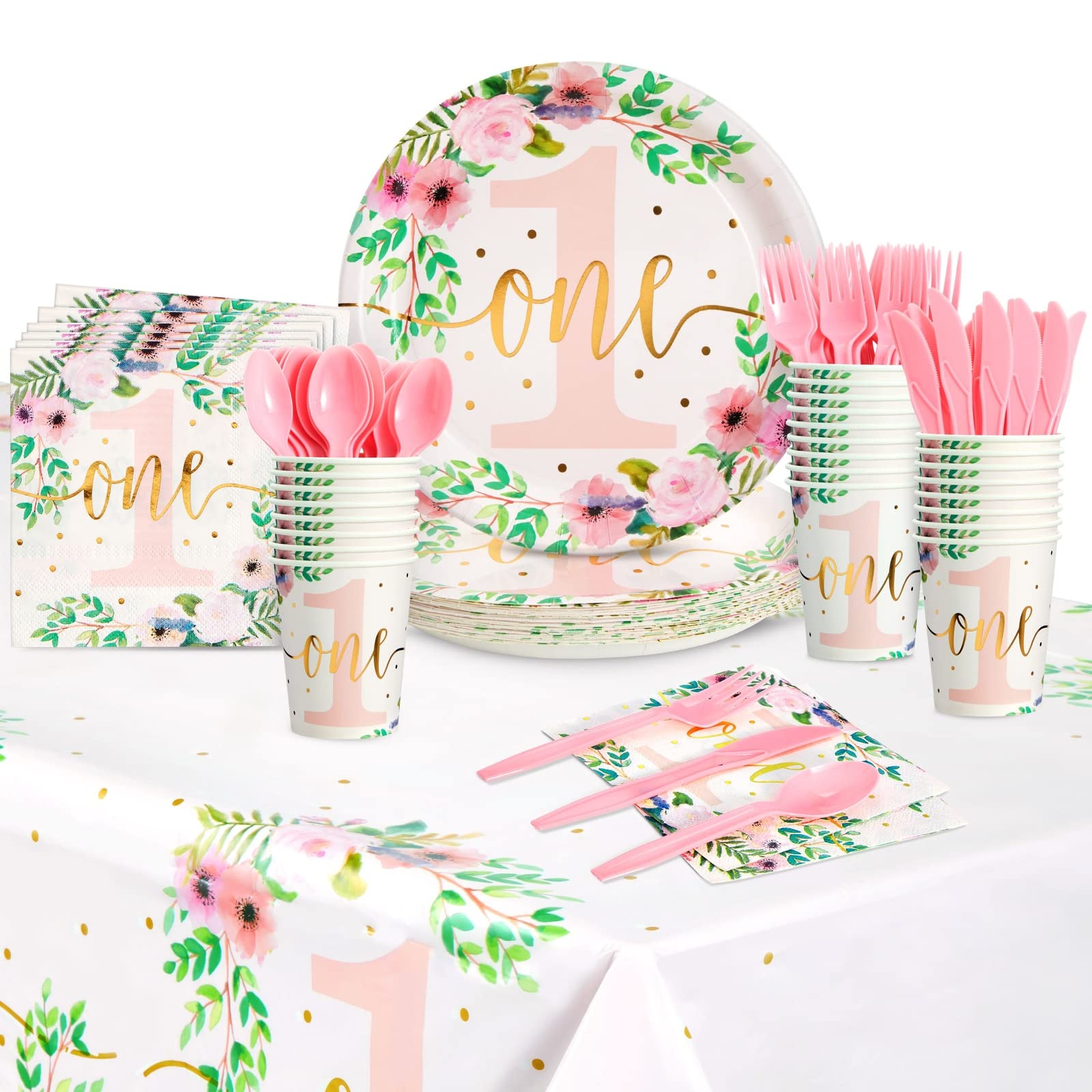 145-Piece Baby Girl's 1st Birthday Party Decorations, Floral Little Miss Onederful Dinnerware with Tablecloth (Serves 24)