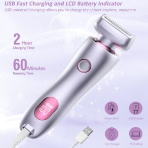 Electric Shaver for Women Legs, Lady Razors Waterproof Wet or Dry for Underarm Arm Bikini Private Area Pubic Hair, Portable Painless Ladies Body Hair Trimmer Remover USB Rechargeable (Purple）