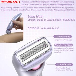 Electric Shaver for Women Legs, Lady Razors Waterproof Wet or Dry for Underarm Arm Bikini Private Area Pubic Hair, Portable Painless Ladies Body Hair Trimmer Remover USB Rechargeable (Purple）