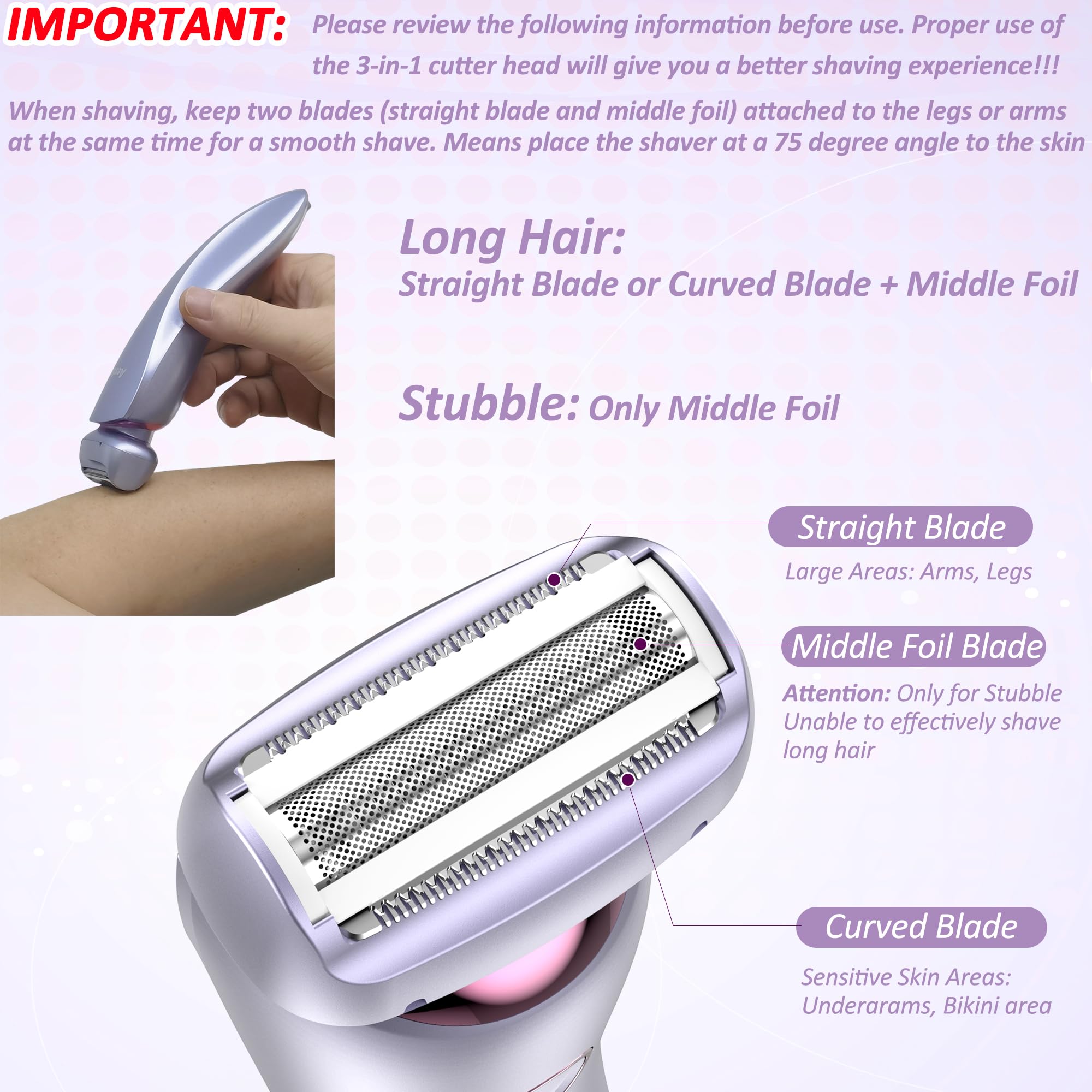 Electric Shaver for Women Legs, Lady Razors Waterproof Wet or Dry for Underarm Arm Bikini Private Area Pubic Hair, Portable Painless Ladies Body Hair Trimmer Remover USB Rechargeable (Purple）