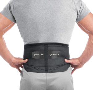 mueller sports medicine lumbar back brace, lower back pain relief and support belt for men and women, black, small (22-30 inches)