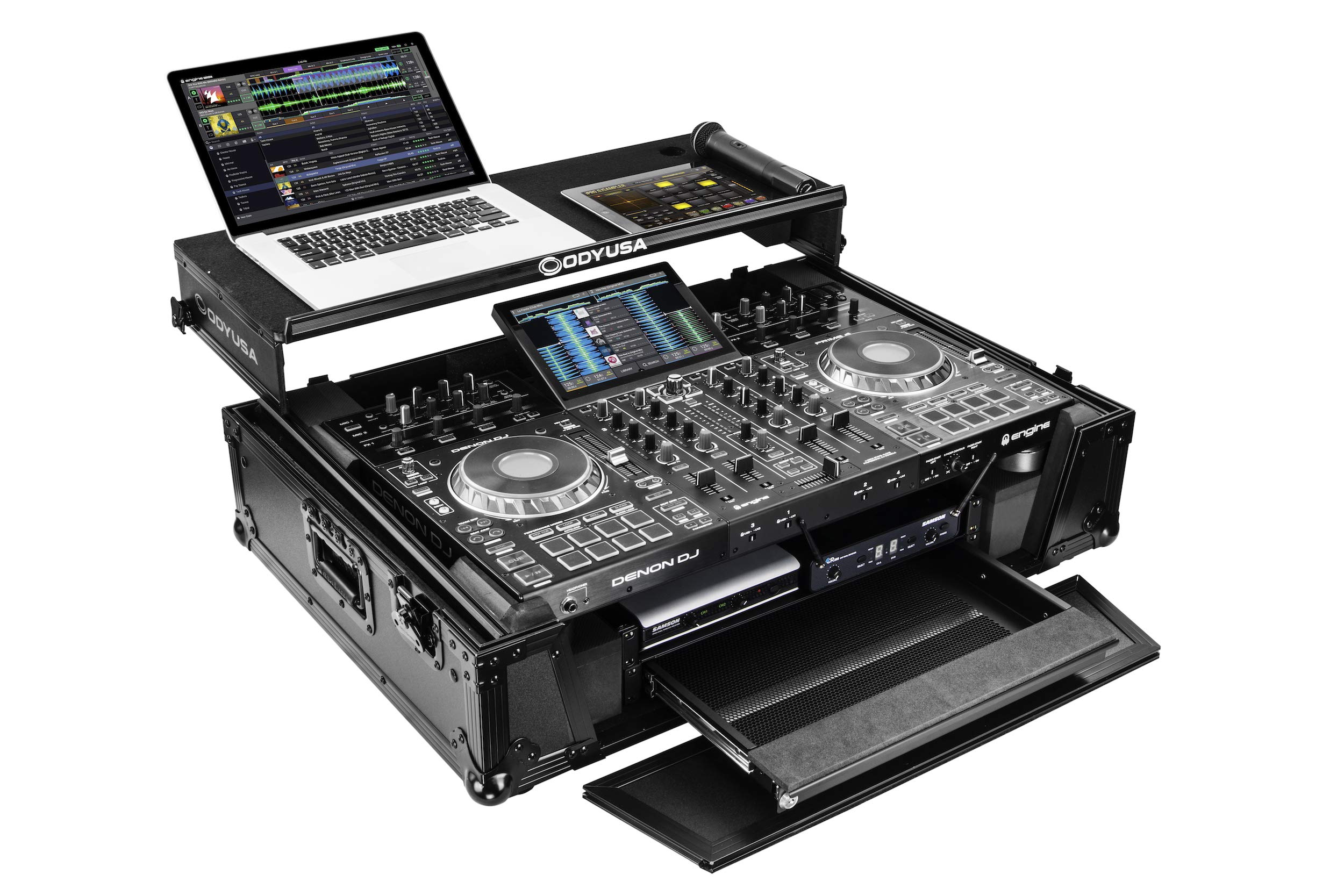 ODYSSEY FZGSPRIME4W2BL Denon Prime 4 Black Flight Case with Patented Glide Laptop Platform & 2U Rack Spaces