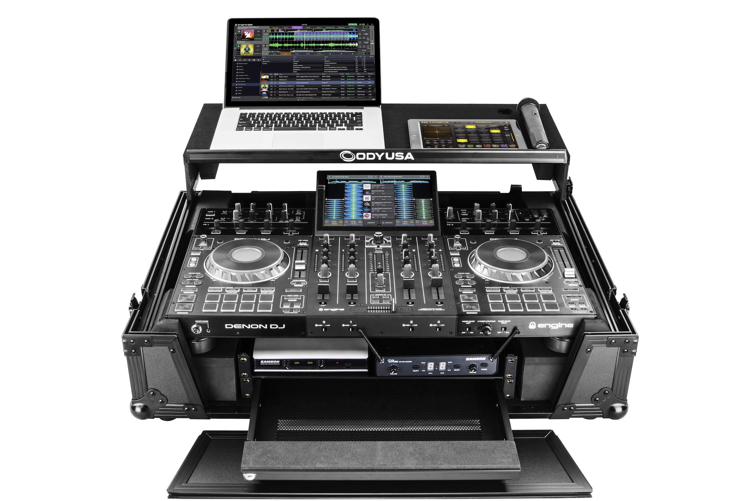 ODYSSEY FZGSPRIME4W2BL Denon Prime 4 Black Flight Case with Patented Glide Laptop Platform & 2U Rack Spaces