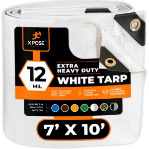 heavy duty white poly tarp 7' x 10' - multipurpose protective cover - durable, waterproof, weather proof, rip and tear resistant - extra thick 12 mil polyethylene - by xpose safety