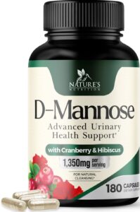 d-mannose & cranberry extract 1350mg advanced formula, fast-acting natural urinary tract health support for women & men, flush impurities in urinary tract & bladder, non-gmo, vegan - 180 capsules