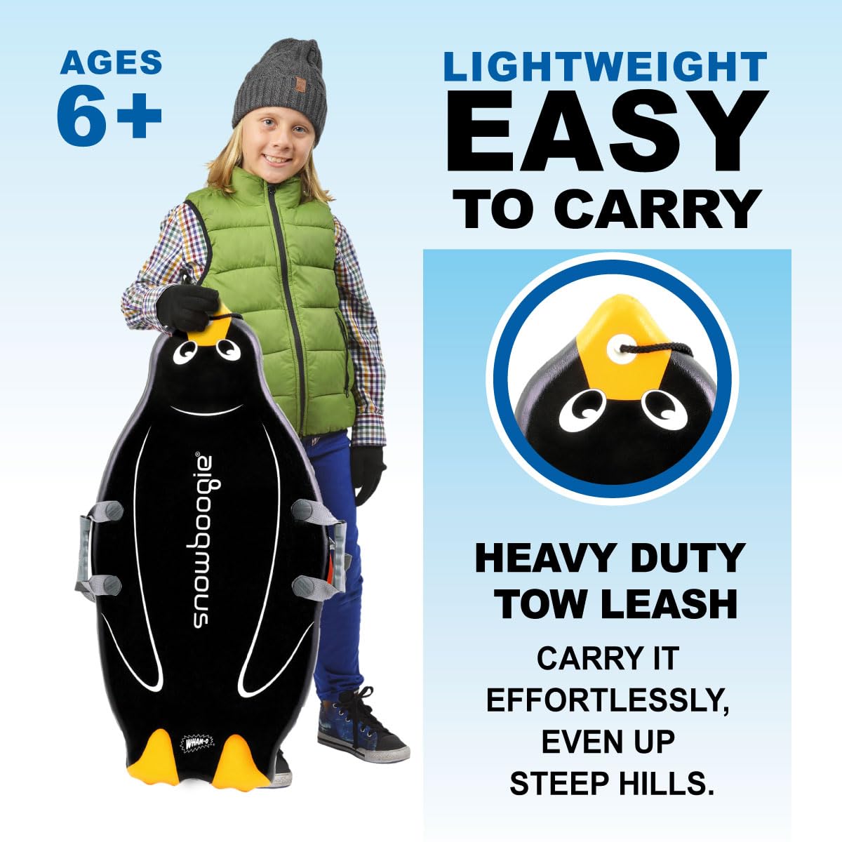 Snowboogie Wham-O Animal Sled 36" | Single Rider Snow Foam Sleds | PE Foam Sled with Soft Handles | Slick Bottom for Speed & Control | Snow Sledding for Adults & Children (Penguin)