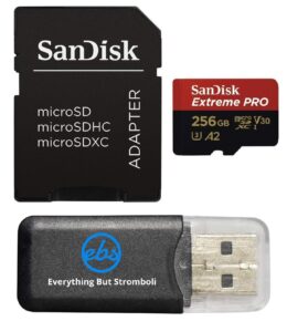 sandisk 256gb micro sdxc memory card extreme pro works with insta360 one x, insta360 evo action camera u3 v30 4k a2 class 10 (sdsqxcz-256g-gn6ma) bundle with (1) everything but stromboli card reader