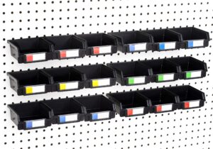 right arrange pegboard bins – 18 pack black - hooks to any peg board - organize hardware, accessories, attachments, workbench, garage storage, craft room, tool shed, hobby supplies, small parts