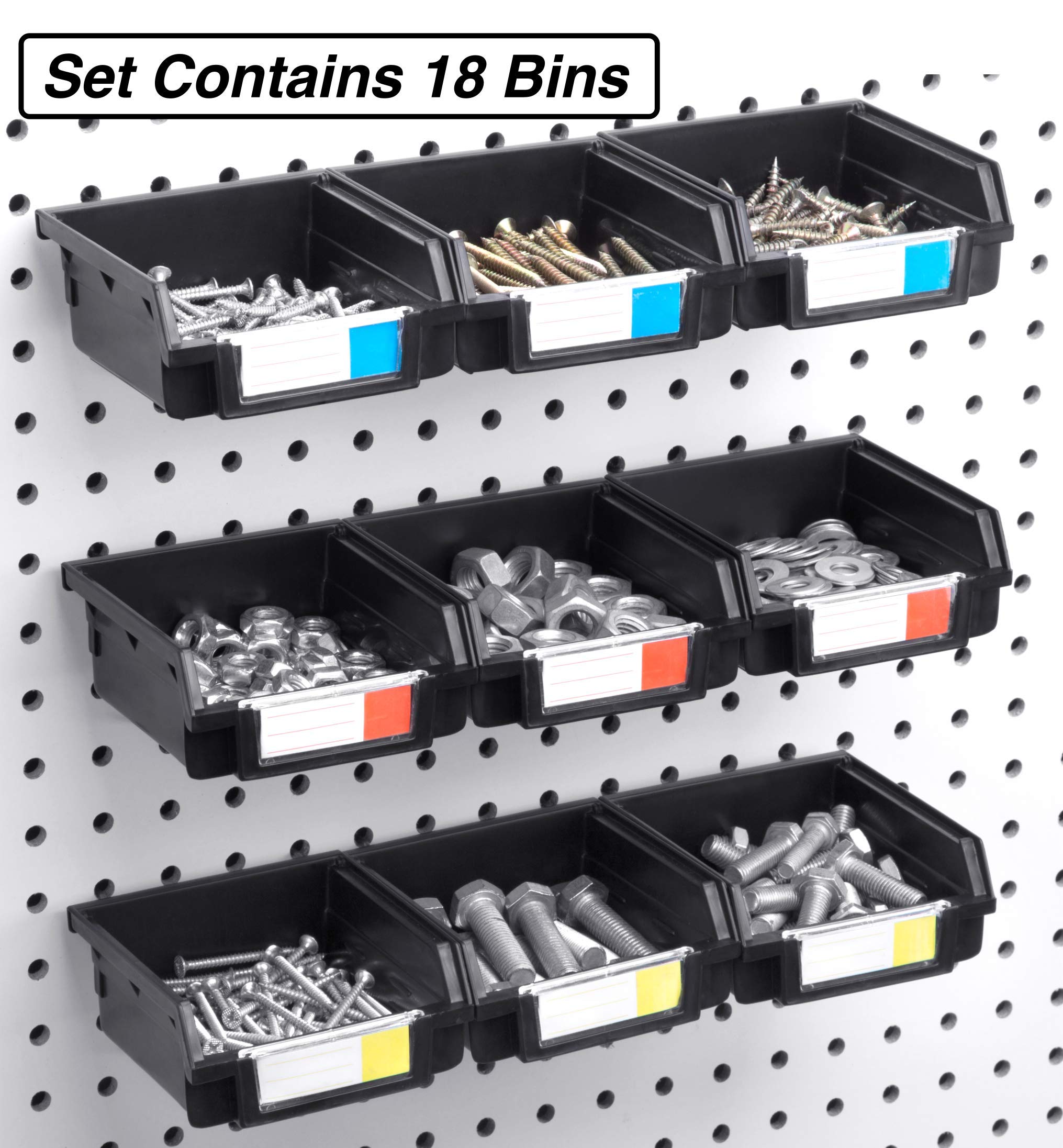 Right Arrange Pegboard Bins – 18 Pack Black - Hooks to Any Peg Board - Organize Hardware, Accessories, Attachments, Workbench, Garage Storage, Craft Room, Tool Shed, Hobby Supplies, Small Parts