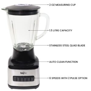 Total Chef 6-Speed Countertop Blender, 6 Cup (1.5L) Glass Jar, 2 Pulse Options, 500 W, Stainless Steel Blades, Auto-Clean Function, Puree, Crush, Blend For Smoothies, Shakes, Dips, Black and Silver