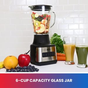 Total Chef 6-Speed Countertop Blender, 6 Cup (1.5L) Glass Jar, 2 Pulse Options, 500 W, Stainless Steel Blades, Auto-Clean Function, Puree, Crush, Blend For Smoothies, Shakes, Dips, Black and Silver