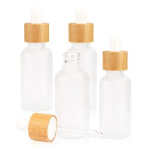 4 pack frosted glass dropper bottles,essential oil bottles with eye dropper and bamboo lids perfume sample vials essence liquid cosmetic containers (30ml/1oz)