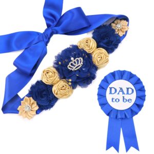royal blue maternity sash & dad to be corsage kit - baby shower sash baby boy pregnancy sash keepsake baby shower flower belly belt