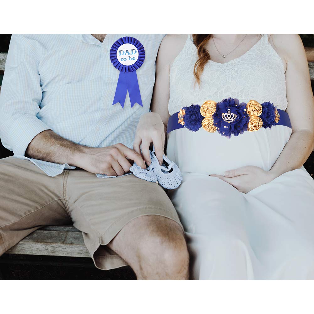 Royal Blue Maternity Sash & Dad to be Corsage Kit - Baby Shower Sash Baby Boy Pregnancy Sash Keepsake Baby Shower Flower Belly Belt