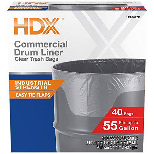 HDX 55 Gallon Clear Heavy-Duty Flap Tie Drum Liner Trash Bags (40-Count)