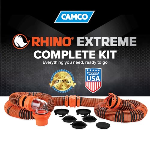 ﻿﻿Camco RhinoEXTREME 20-Foot Camper / RV Sewer Hose Kit - Premium Sewer Kit - Pre-Assembled & Ready-to-Use - Includes 4-in 1 Dump Station Adapter & Storage Caps - Crush & Abrasion Resistant (21012)