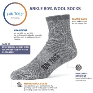 FUN TOES Men's 80% Wool Ankle Socks 6 Pack Strong Arch Support Winter Cushioned Bottom Ideal for Hiking (Black, Men's 10-13)