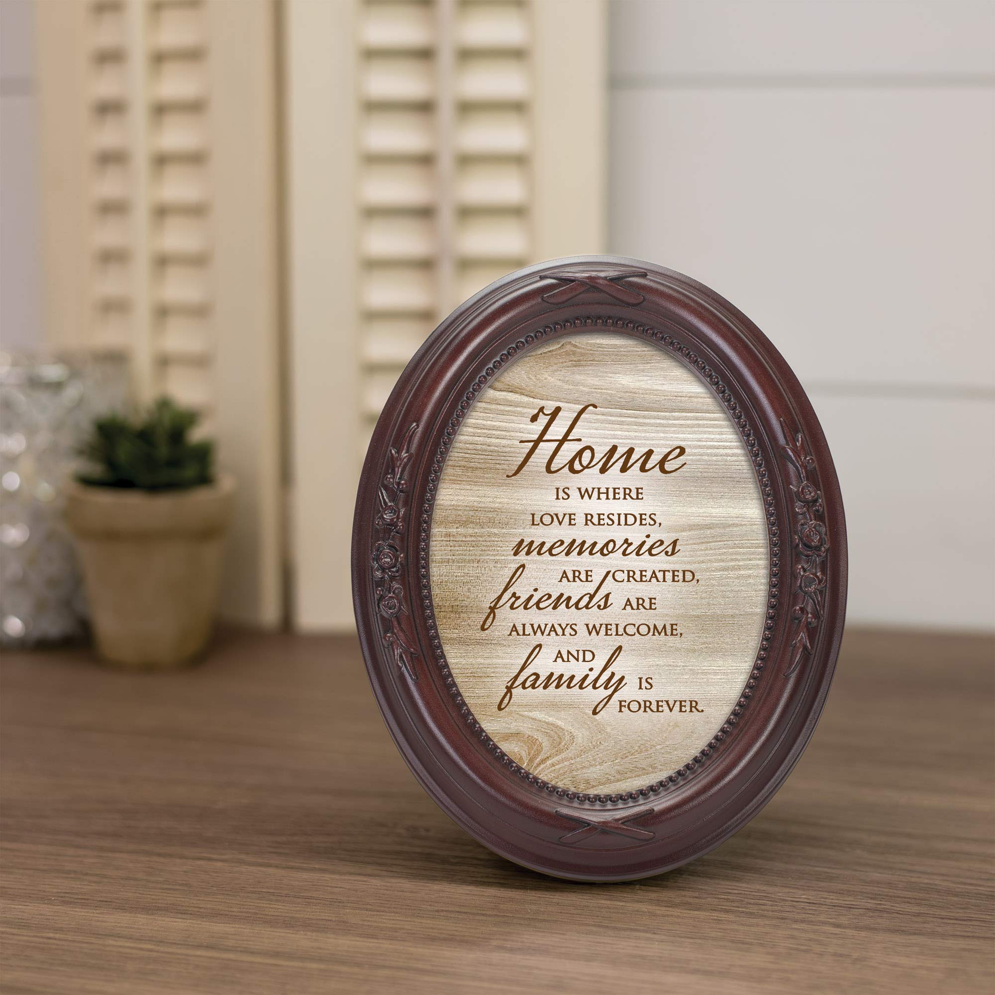 Cottage Garden Home is Where Love Resides Mahogany Finish Floral 5 x 7 Oval Table Top and Wall Photo Frame