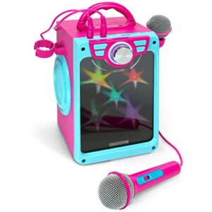 portable karaoke machine for teens - pink karaoke speaker set with 2 microphones - bluetooth/aux/usb inputs, karaoke system with microphone gifts for girls & adults - singing machine with disco lights