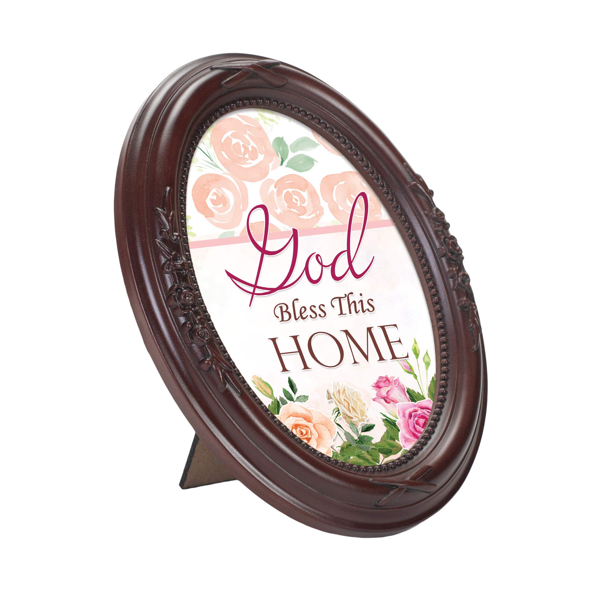 Cottage Garden God Bless This Home Mahogany Finish Floral 5 x 7 Oval Table Top and Wall Photo Frame