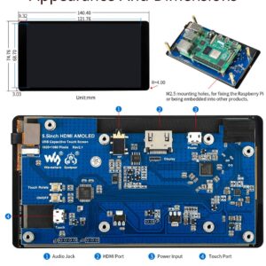 waveshare 5.5inch HDMI AMOLED Display 1080x1920 Resolution Capacitive Touch Screen with Toughened Glass Cover 6H Hardness for Raspberry Pi 4B/3B+/3B/2B/Zero/Zero W and Jetson Nano,PC,Multi Systems