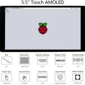 waveshare 5.5inch HDMI AMOLED Display 1080x1920 Resolution Capacitive Touch Screen with Toughened Glass Cover 6H Hardness for Raspberry Pi 4B/3B+/3B/2B/Zero/Zero W and Jetson Nano,PC,Multi Systems