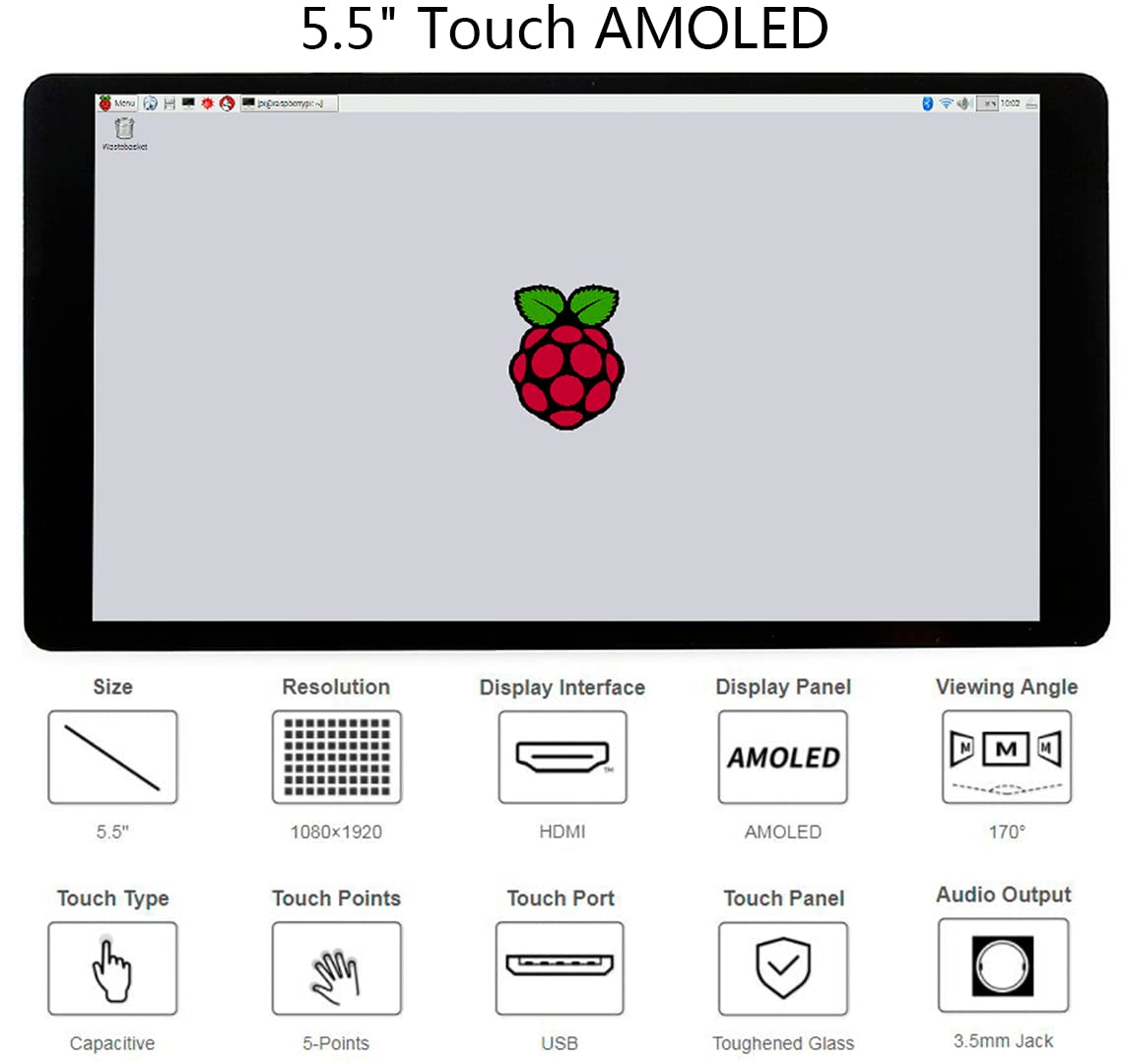waveshare 5.5inch HDMI AMOLED Display 1080x1920 Resolution Capacitive Touch Screen with Toughened Glass Cover 6H Hardness for Raspberry Pi 4B/3B+/3B/2B/Zero/Zero W and Jetson Nano,PC,Multi Systems