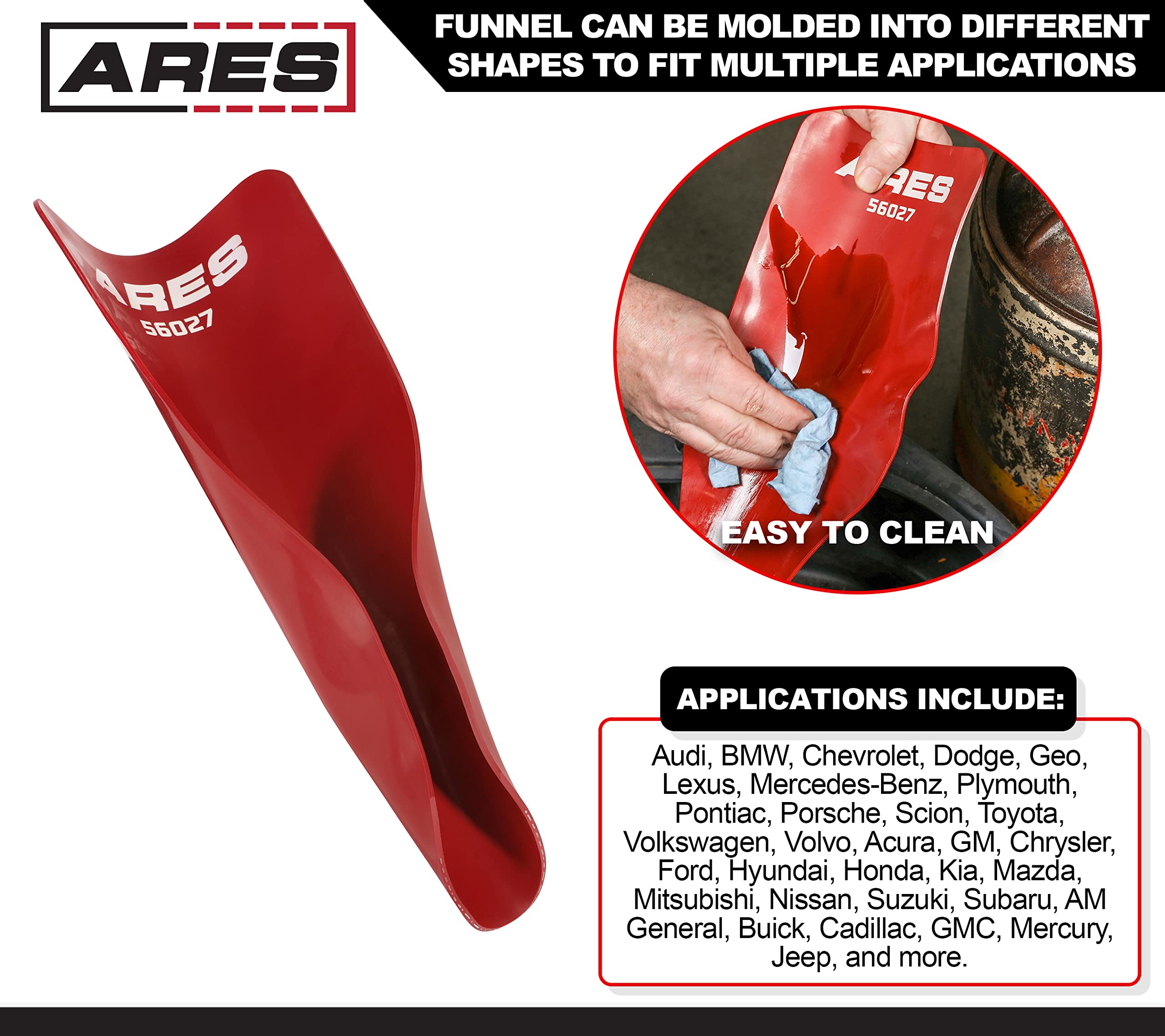 ARES 56027 - Universal Flexible Oil Funnel - Spill-Free Oil Filling - Easy to Use 1-Person Design - Fits Multiple Applications