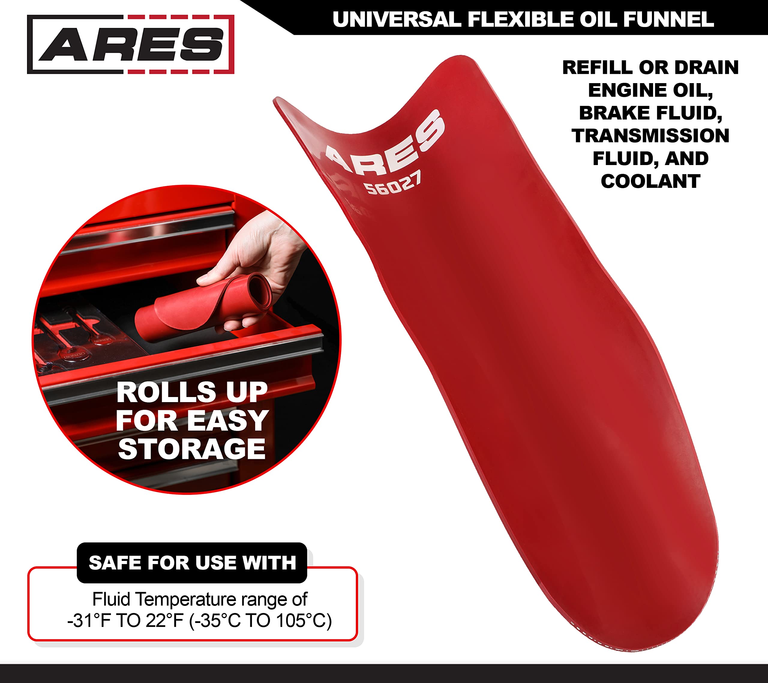 ARES 56027 - Universal Flexible Oil Funnel - Spill-Free Oil Filling - Easy to Use 1-Person Design - Fits Multiple Applications