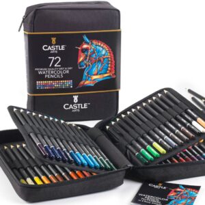 castle art supplies 72 watercolor pencils zip-up set for adult artists | quality colored cores vivid colors to create beautiful blended effects with water | includes handy travel case