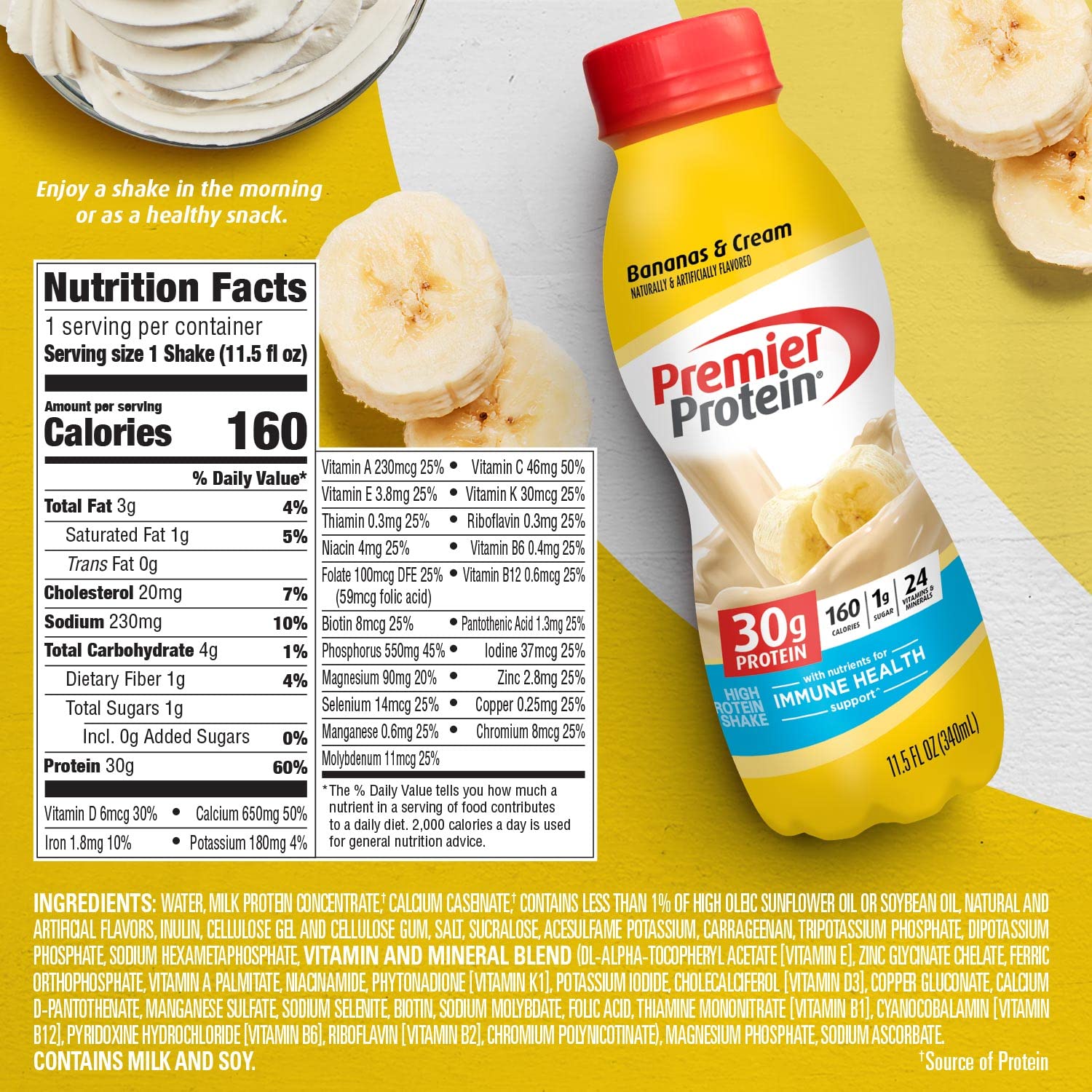 Premier Protein Shake, Bananas & Cream, 30g Protein, 1g Sugar, 24 Vitamins & Minerals, Nutrients to Support Immune Health, 12 Pack, 138.0 Fl Oz