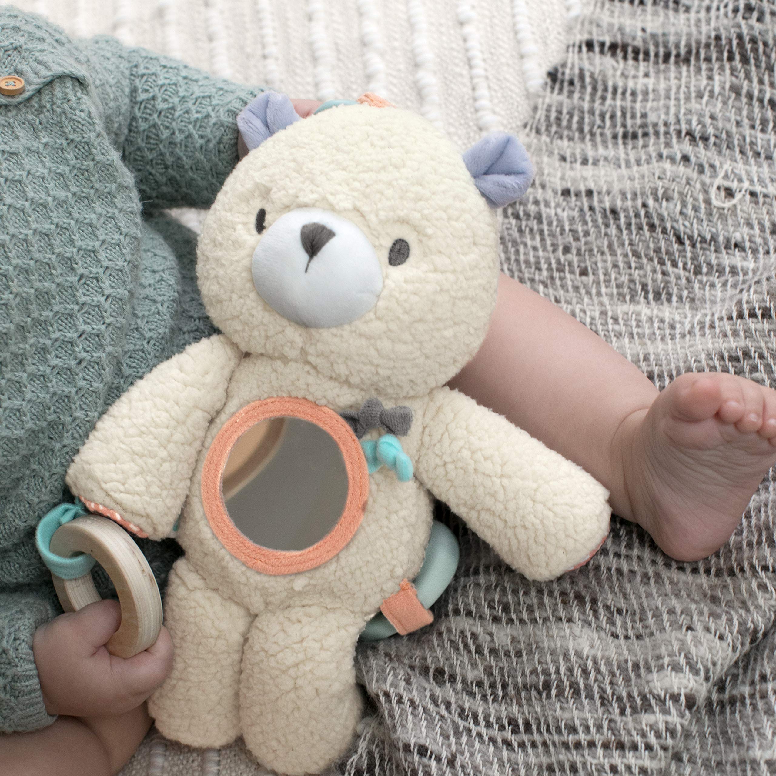 Ingenuity Premium Soft Plush Travel Activity Toy with Wooden Teethers - Nate The Teddy Bear, Ages Newborn and up