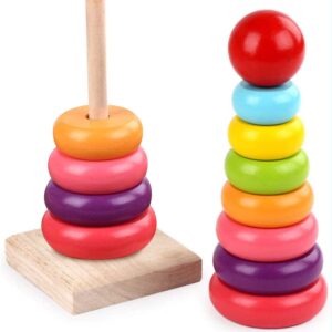 fansusenke rainbow stacking rings toy classic stacker developmental toys with premium wooden 8 colorful pieces smooth rings and solid wood base for kid boys and girls baby toy building blocks