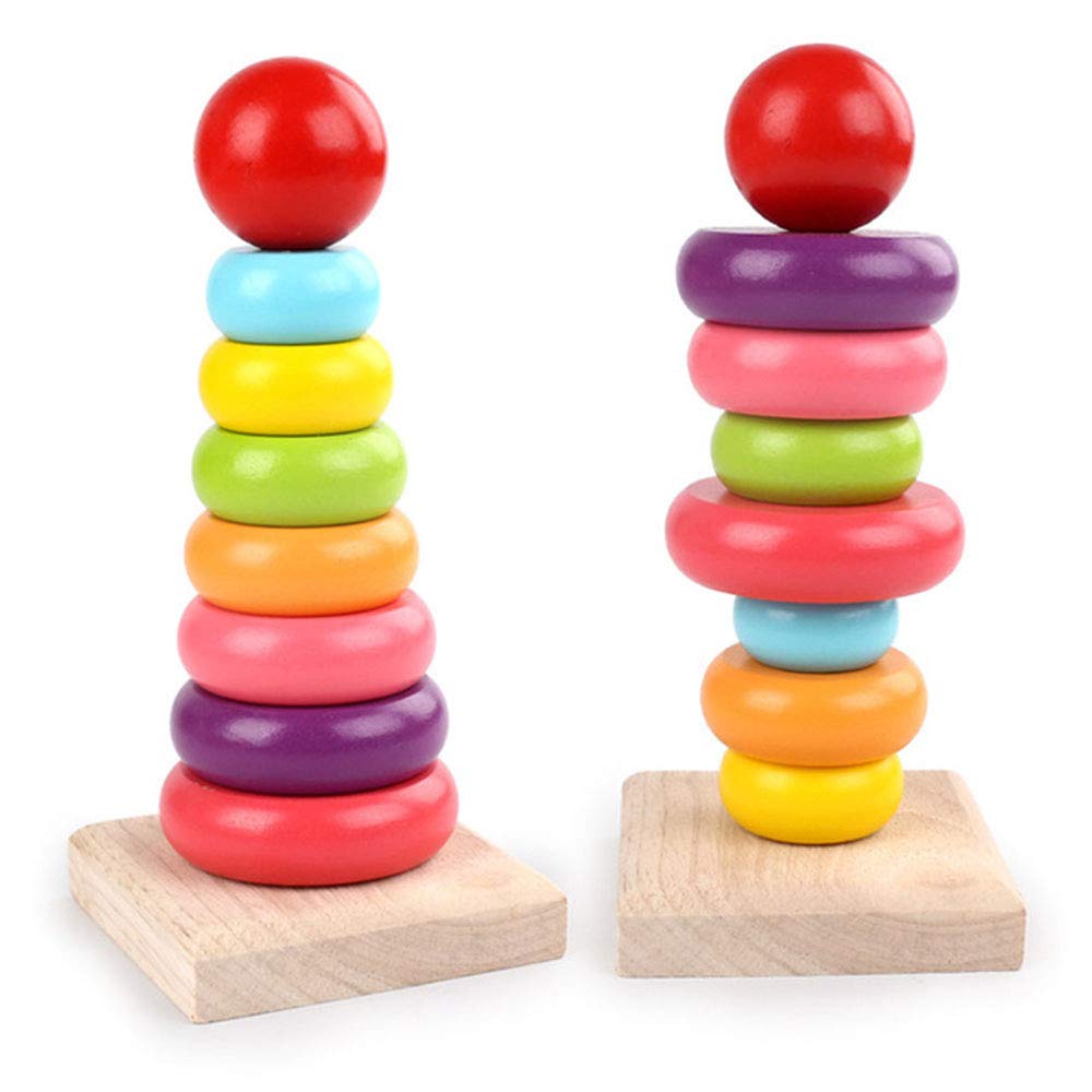 FANSUSENKE Rainbow Stacking Rings Toy Classic Stacker Developmental Toys with Premium Wooden 8 Colorful Pieces Smooth Rings and Solid Wood Base for Kid Boys and Girls Baby Toy Building Blocks