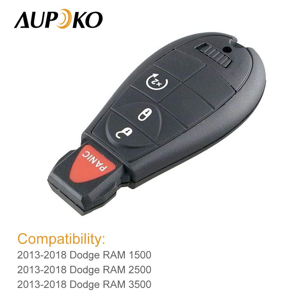 Aupoko GQ4-53T 4 Buttons Keyless Entry Fob, 2 PC Programmable Remote Keys, Replace# 56046955,56046955AG, 56046955AA, 56046955AB, Compatible with 2013-2018 Dodge Ram 1500 2500 3500