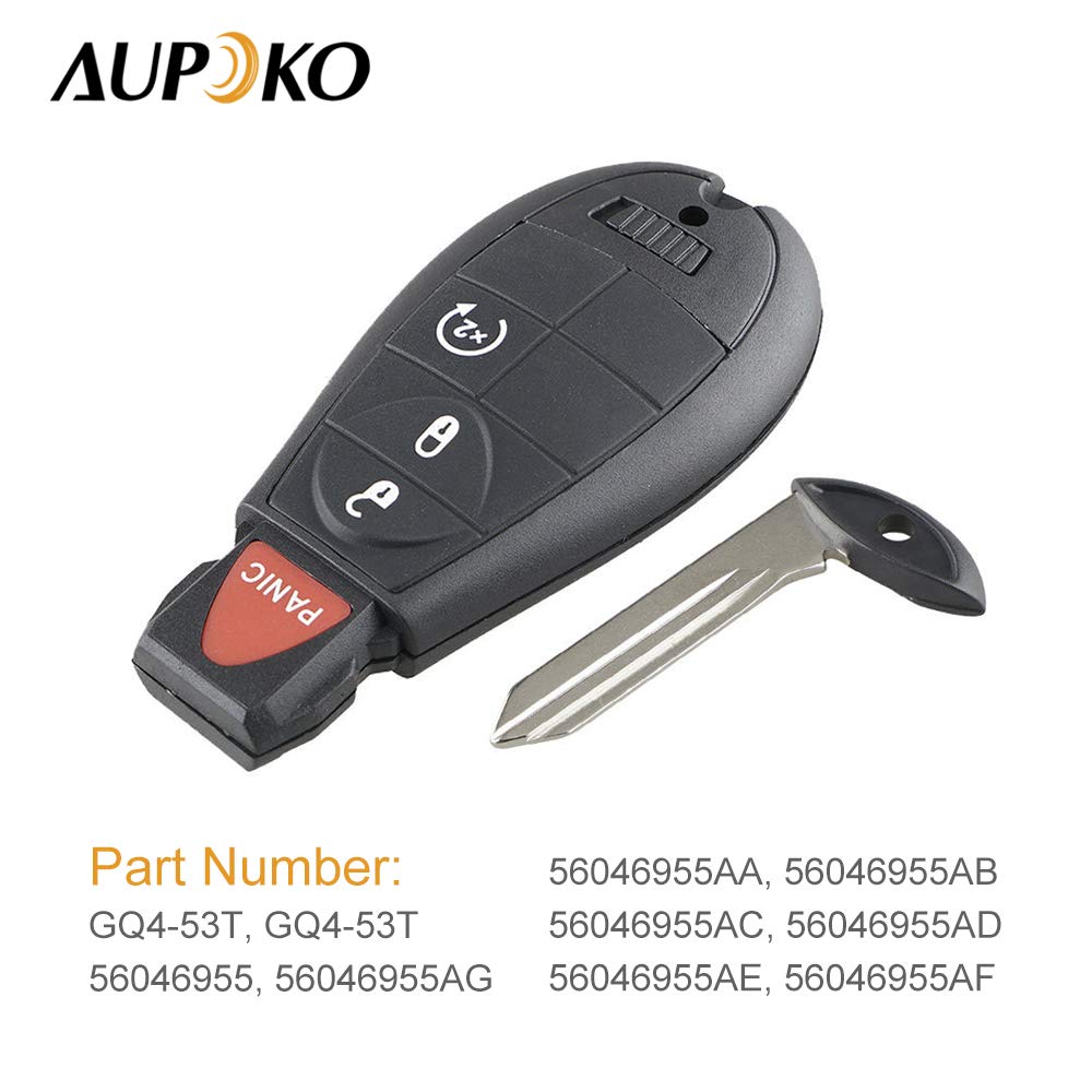 Aupoko GQ4-53T 4 Buttons Keyless Entry Fob, 2 PC Programmable Remote Keys, Replace# 56046955,56046955AG, 56046955AA, 56046955AB, Compatible with 2013-2018 Dodge Ram 1500 2500 3500