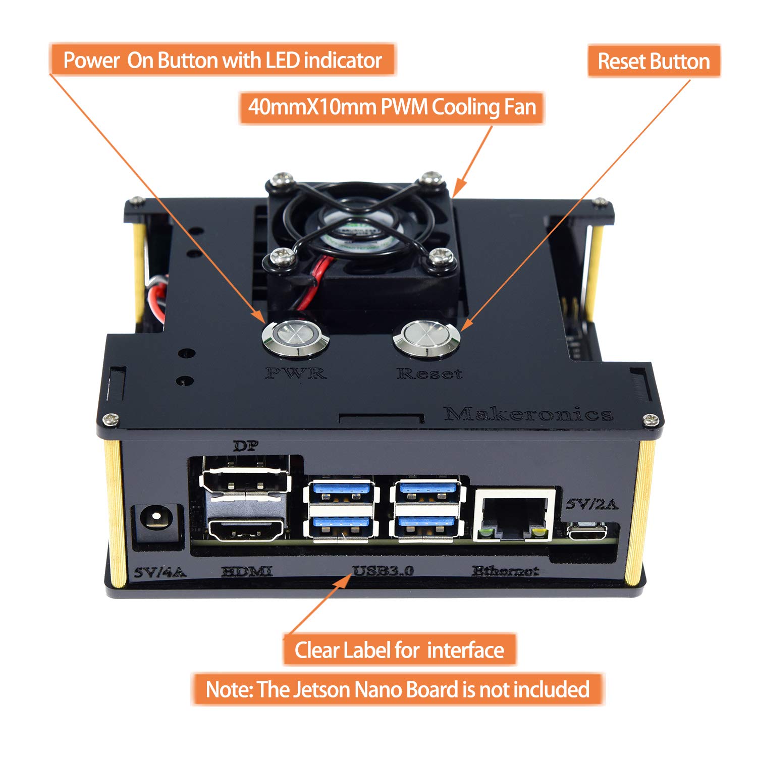 Makeronics Acrylic Case/Enclosure (Black) for Jetson Nano B01 and A02 with Camera Case | Power & Reset Control Switch | Cooling Fan | Assembly Instruction Included