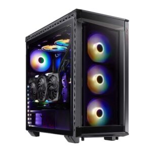 xpg battlecruiser mid-tower atx pc gaming case: 4mm tempered glass sides, cold-rolled carbon steel, 19.09 x 8.85 x 19.92 in, 2 year warranty, black