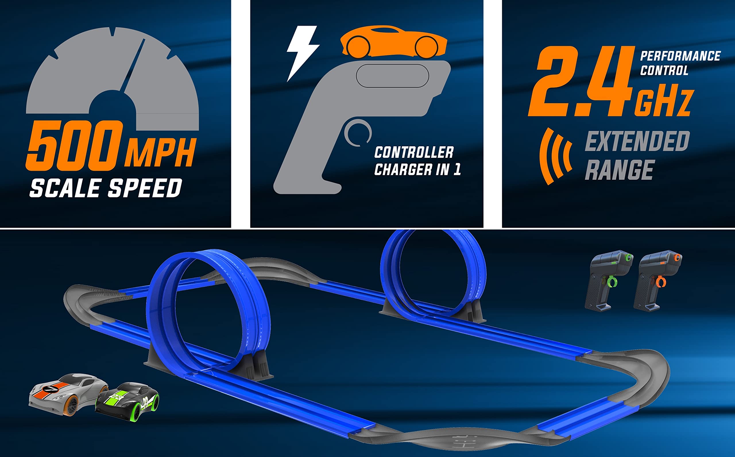 Tracer Racers Remote Control Cordless Glow in The Dark High-Speed Super Loop Speedway Track Set with Two Cars for Dual Racing, Glow Blue