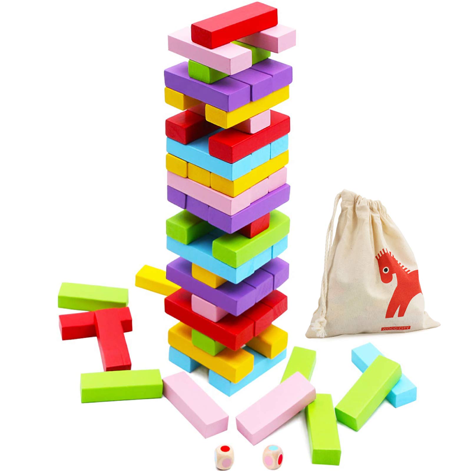 Gentle Monster Wooden Colorful Stacking Board Games Builing Blocks for Kids Boys Girls, 54 Pcs Wood Balancing Blocks Montessori Toy Gift for Kids, Classic Game for Party with Storage Bag