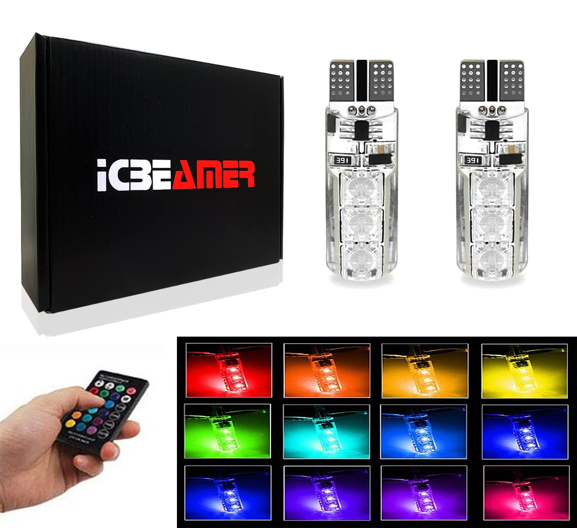 ICBEAMER T10 194 168 w5w RGB LED Remote Atmosphere light Bulbs Strobe 16 Colors Replace Map/Dome/License Plate/Parking