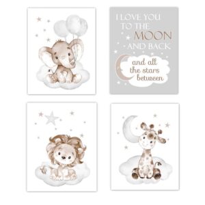 Baby Boy Nursery Wall Art Safari Animals Elephant Giraffe Lion I Love You To The Moon Room Decor 4 UNFRAMED PRINTS