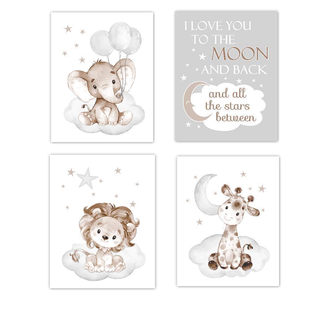 Baby Boy Nursery Wall Art Safari Animals Elephant Giraffe Lion I Love You To The Moon Room Decor 4 UNFRAMED PRINTS