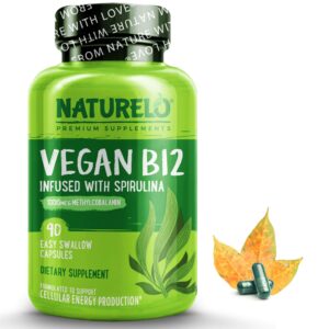 naturelo vegan b12 - methyl b12 with organic spirulina - high potency vitamin b12 1000 mcg methylcobalamin - supports healthy mood, energy, heart & eye health - 90 capsules