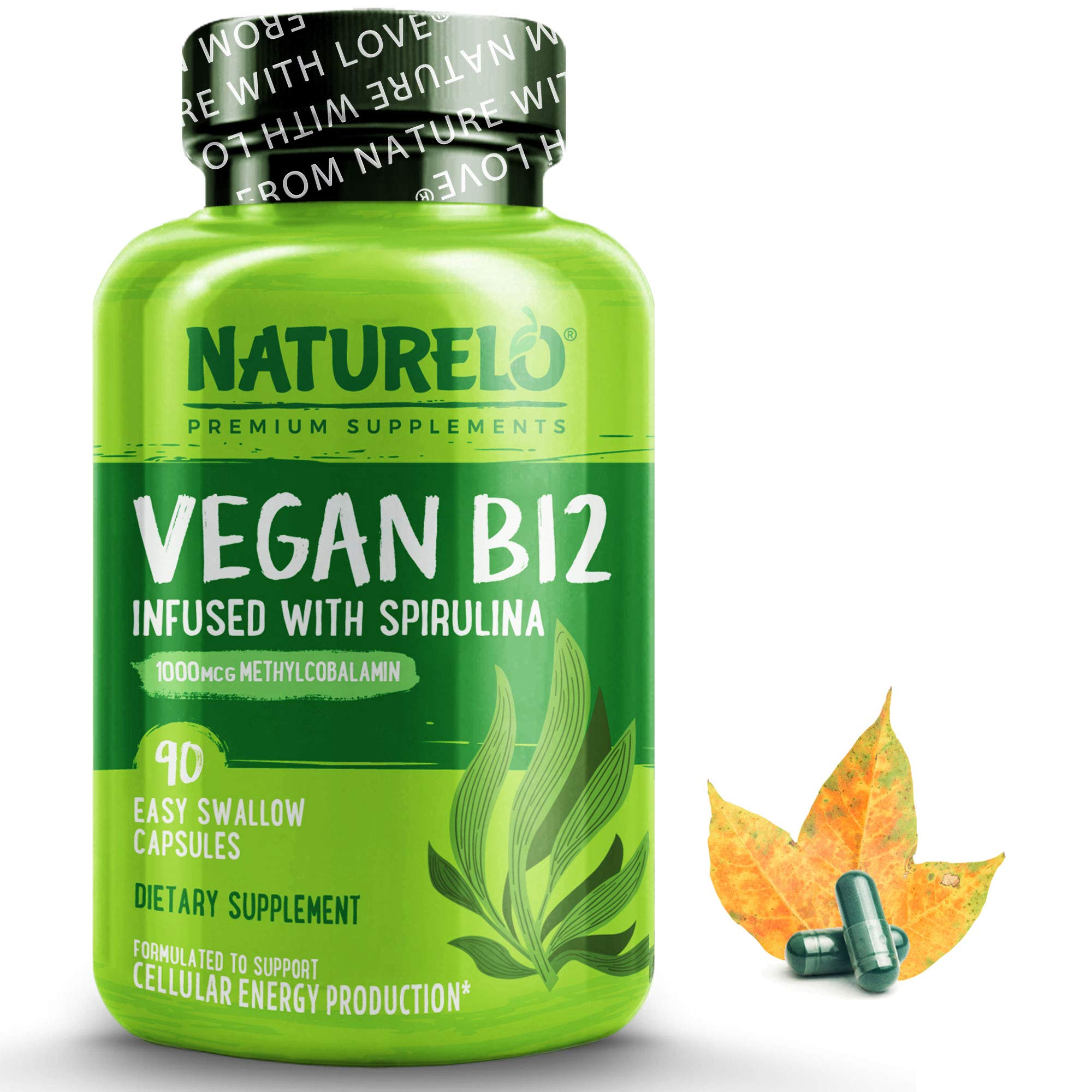 NATURELO Vegan B12 - Methyl B12 with Organic Spirulina - High Potency Vitamin B12 1000 mcg Methylcobalamin - Supports Healthy Mood, Energy, Heart & Eye Health - 90 Capsules