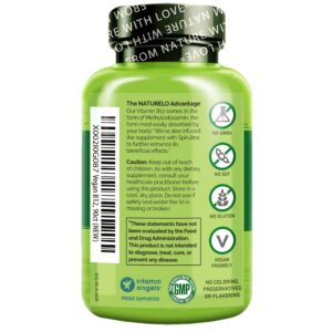 NATURELO Vegan B12 - Methyl B12 with Organic Spirulina - High Potency Vitamin B12 1000 mcg Methylcobalamin - Supports Healthy Mood, Energy, Heart & Eye Health - 90 Capsules