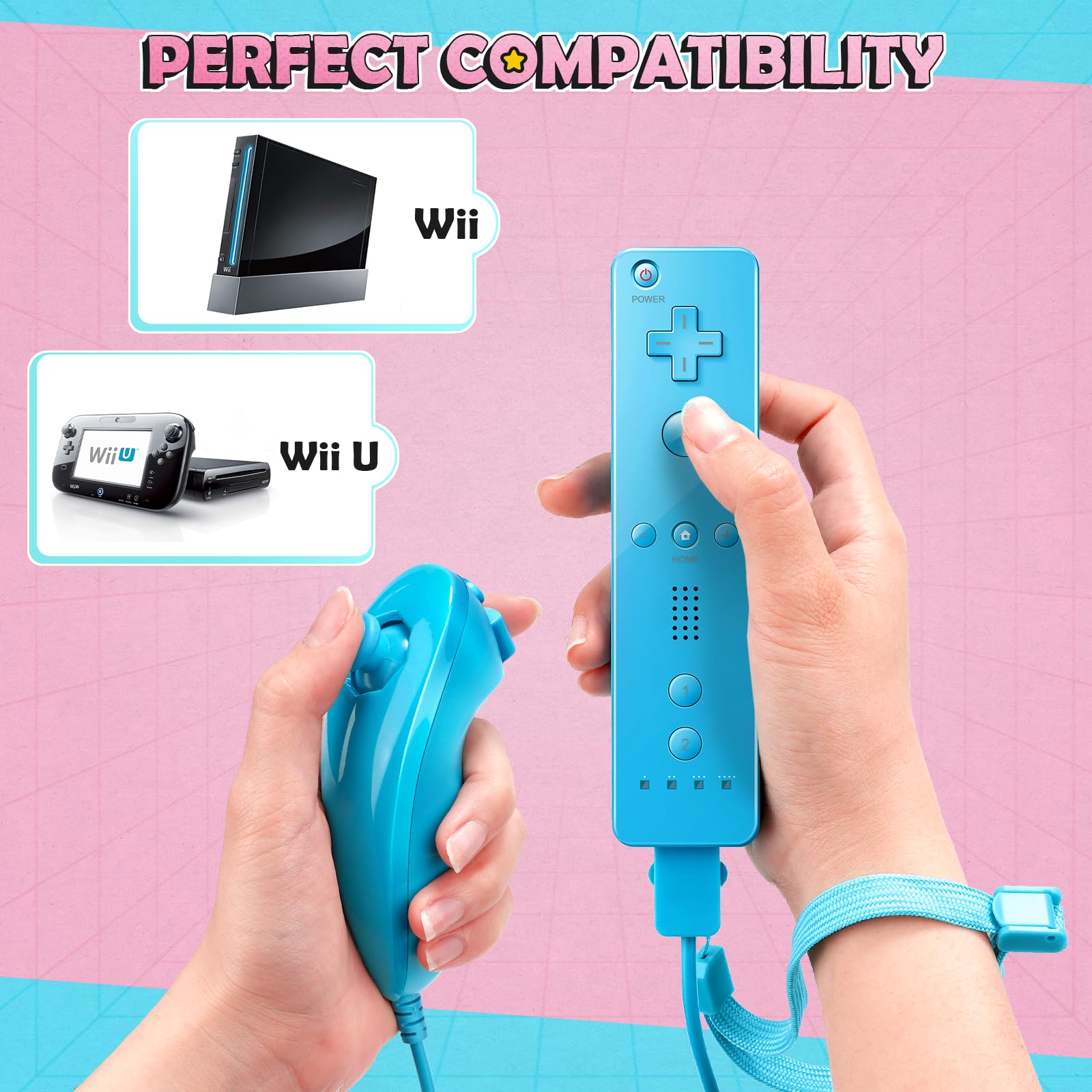 PGYFDAL Wii Controller 2 Pack, Wii Remote Controller and Nunchuck Joystick with Silicone Case and Wrist Strap for Holiday (Red and Blue)